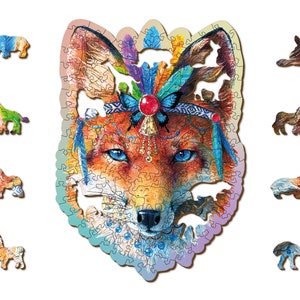 May include: A colourful wooden jigsaw puzzle featuring a fox with a headdress of feathers and jewels. The puzzle includes 10 pieces, each depicting a different animal.