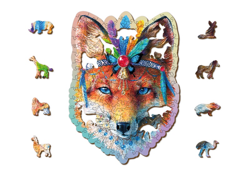 May include: A colourful wooden jigsaw puzzle featuring a fox with a headdress of feathers and jewels. The puzzle includes 10 pieces, each depicting a different animal.