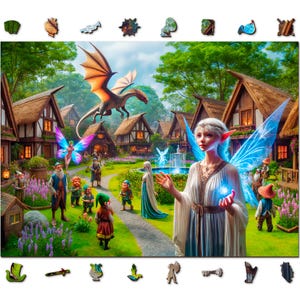 Puzzle en bois &quot;Fantasy Village&quot; - Puzzles uniques pour adultes - Puzzle en bois de 1000 pièces avec des pièces en forme par Wooden.City