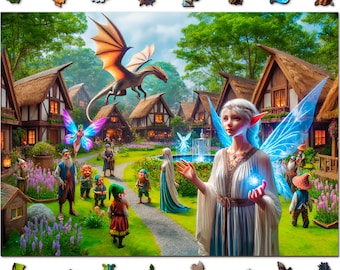 Wooden Jigsaw Puzzle Fantasy Village - Unique Puzzles for Adults - 1000 Pieces Wooden Jigsaw with Shaped Pieces by Wooden.City
