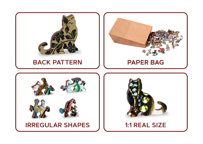May include: A wooden jigsaw puzzle of a cat with a floral pattern. The puzzle pieces are irregular shapes and the back of the puzzle pieces have a floral pattern. The puzzle comes in a paper bag.