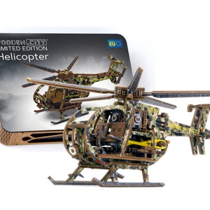 Helikopter - Malowany Drewniany Model Mechaniczny do Zbudowania Limitowana Edycja przez Wooden.City Prezent Rodzinny Puzzle 3D dla Dorosłych