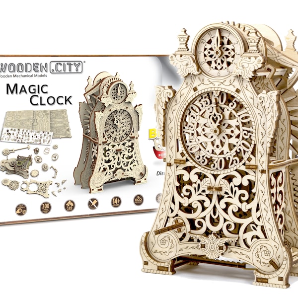 Puzzle 3D Wooden "Magic Clock" DIY Wooden Model Kits - Creative Wooden Models Adults & Teens 14+ Antique Wall Clock Mechanism Kit