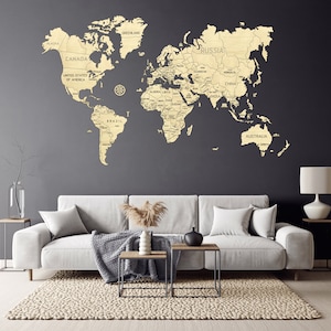 Mapa del mundo de madera en decoración de pared por WOODEN.CITY / Mapa de regalo del viaje mundial / Decoración del hogar Arte de pared de madera / Regalo de cumpleaños