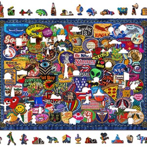 May include: A colourful jigsaw puzzle with a denim background and various patches, including a red heart with the text "I love", a pizza slice, a red, white and blue American flag, and a patch with the text "Go Na", "Stanes", and "Mom".