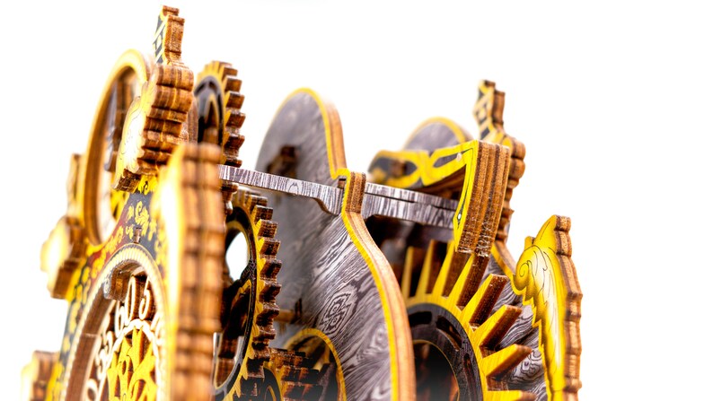 May include: Close-up of a wooden clockwork mechanism with intricate gears and a yellow and black color scheme. The clockwork is made of wood and has a detailed design.