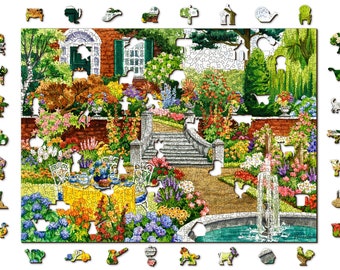 Wooden Jigsaw Puzzle "Garden Five O’Clock" 200, 500, 750, 1000 pcs Kids Adults Countryside Cottage Landscape Unusual Pieces  Wooden.City