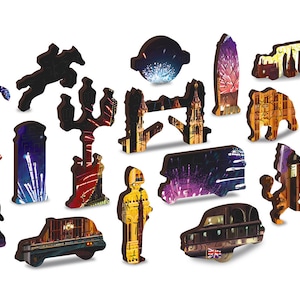 May include: A colorful wooden jigsaw puzzle featuring iconic London landmarks, including Big Ben, the London Eye, and a double-decker bus. The puzzle pieces are shaped like the landmarks themselves, creating a unique and engaging puzzle experience.
