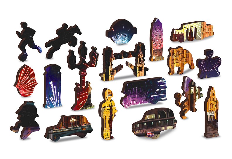 May include: A colorful wooden jigsaw puzzle featuring iconic London landmarks, including Big Ben, the London Eye, and a double-decker bus. The puzzle pieces are shaped like the landmarks themselves, creating a unique and engaging puzzle experience.
