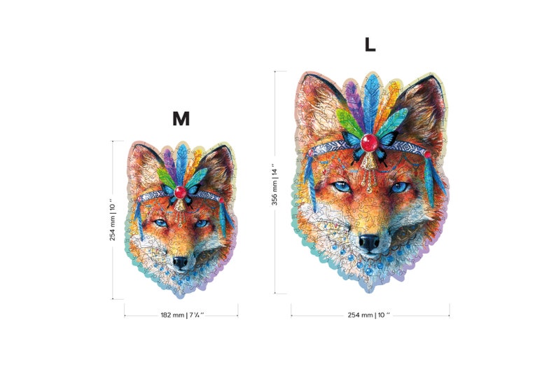 May include: Two sizes of a colourful fox head jigsaw puzzle. The fox is wearing a beaded headband with feathers and a butterfly. The puzzle is available in sizes 10 inches by 10 inches and 14 inches by 14 inches.