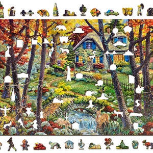 Op de afbeelding: Een kleurrijke puzzel met een huisje in een bosrijke omgeving. De puzzelstukken zijn gevormd als verschillende objecten, waaronder een hert, een vogel, een huis en een boom. De puzzel is geplaatst tegen een witte achtergrond.