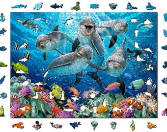 Wooden Jigsaw Puzzle 200, 500+5, 750, 1000+10 pieces "Happy Dolphins" | Family gift |  Wooden City | Birthday gift
