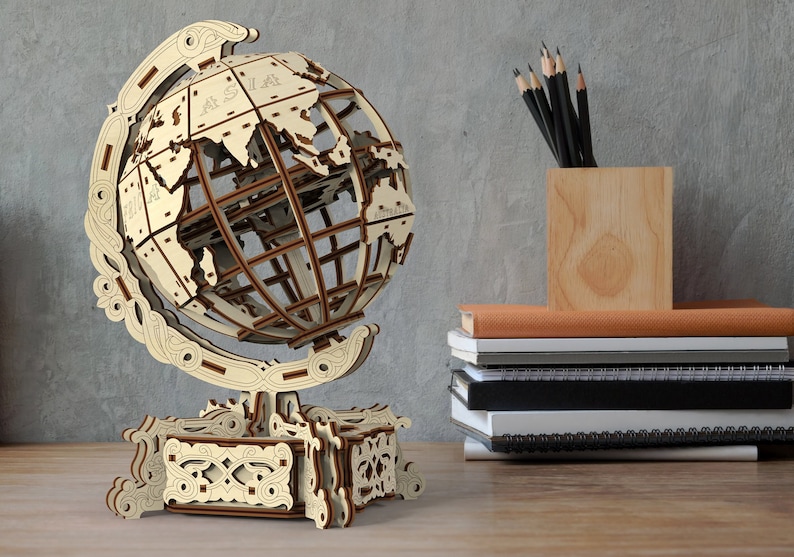 Houten mechanische wereldbolpuzzels voor volwassenen en kinderen om te bouwen door WOODEN.CITY | Houten 3D-puzzels | Modelset | Verjaardagscadeau afbeelding 2
