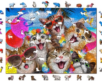 Rompecabezas de madera "Fiesta de gatos" (500, 1000 piezas), gatos locos, adultos y niños, animales coloridos, gatitos, amigos, piezas inusuales, Wooden.City