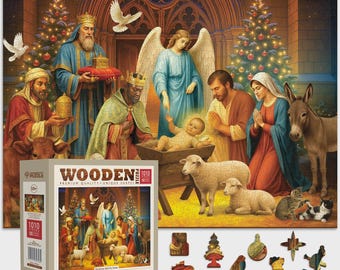 Wooden Jigsaw Puzzle “Christmas Nativity Scene” – 1000 Piece Wooden Puzzle – Unique Shaped Pieces by Wooden.City – Holiday Nativity Gift