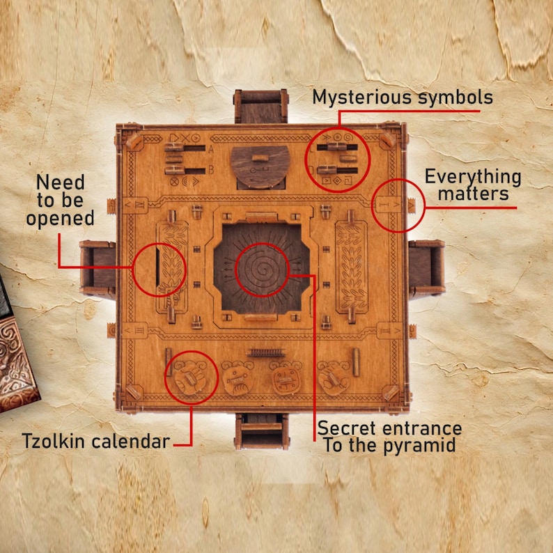 Puede incluir: Una caja de rompecabezas de madera con intrincadas tallas y el texto "Need to be opened", "Mysterious symbols" y "Everything matters". La caja presenta un calendario Tzolkin y una entrada secreta a la pir&aacute;mide. La caja es marr&oacute;n.