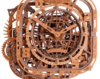 WOODEN.CITY 3D Wooden Puzzle – Gear Globe Wall Clock | Model Building Kit for Adults | Mechanical 3D Puzzle Clock | No Glue Required