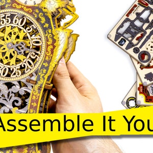 May include: A wooden clock kit with intricate details and a gold and black color scheme. The clock face features Roman numerals and a detailed gear mechanism. The kit includes multiple pieces that need to be assembled. The text "Assemble It Yourself" is displayed on a yellow banner.