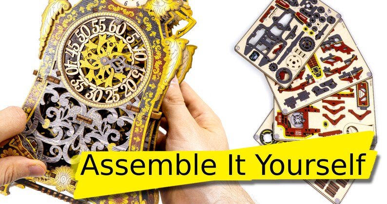 May include: A wooden clock kit with intricate details and a gold and black color scheme. The clock face features Roman numerals and a detailed gear mechanism. The kit includes multiple pieces that need to be assembled. The text "Assemble It Yourself" is displayed on a yellow banner.