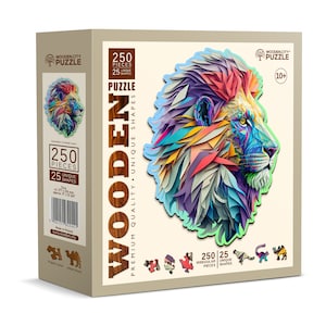 Wooden Puzzle Modern Lion 250 Pieces - Unique Unusual Jigsaw Puzzles with Animal Shaped Pieces - Wooden.City