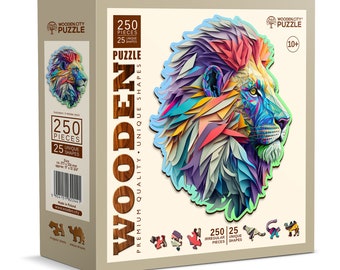 Drewniane Puzzle Nowoczesny Lew 250 elementów - Unikalne, nietypowe puzzle z elementami w kształcie zwierząt - Wooden.City