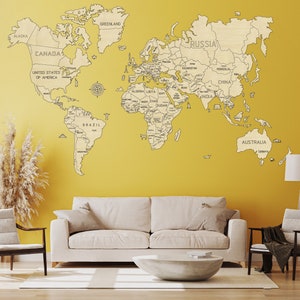 Mapa del mundo de madera en decoración de pared por WOODEN.CITY / Mapa de regalo del viaje mundial / Decoración del hogar Arte de pared de madera / Regalo de cumpleaños