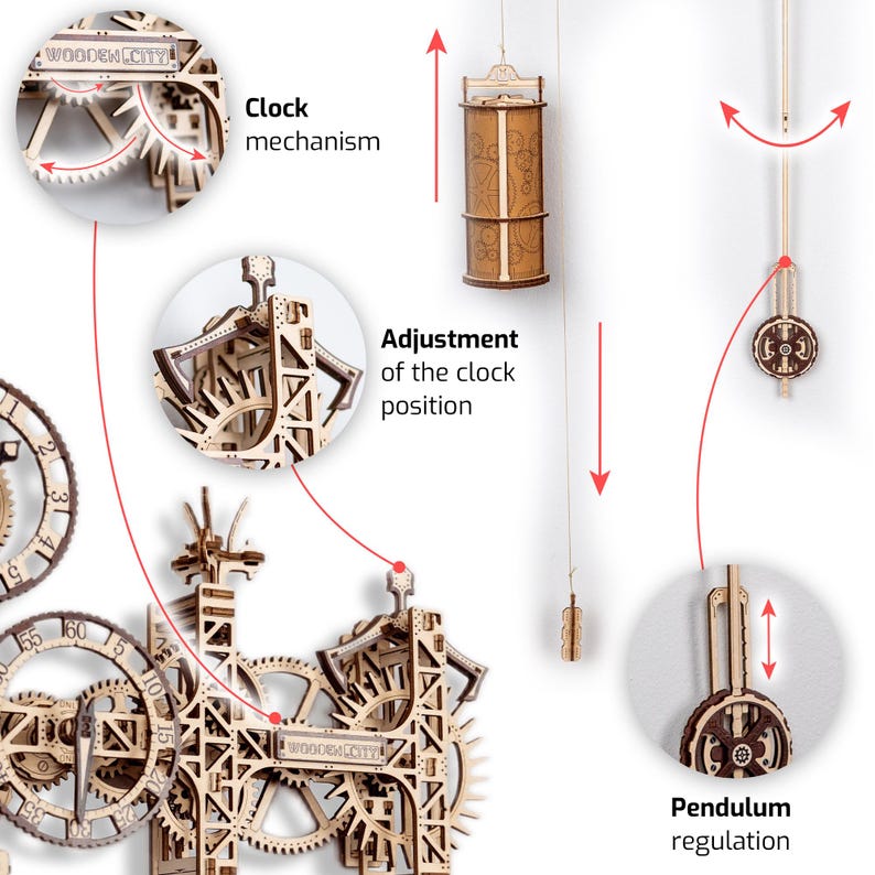 May include: A wooden clock kit with intricate gears and a pendulum. The clock face has Roman numerals and the text "WOODEN CITY!" is visible on the clock face. The image shows how to adjust the clock position and regulate the pendulum.