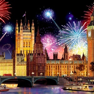 May include: A nighttime view of the Houses of Parliament and Big Ben in London, England, with a colorful fireworks display in the sky.