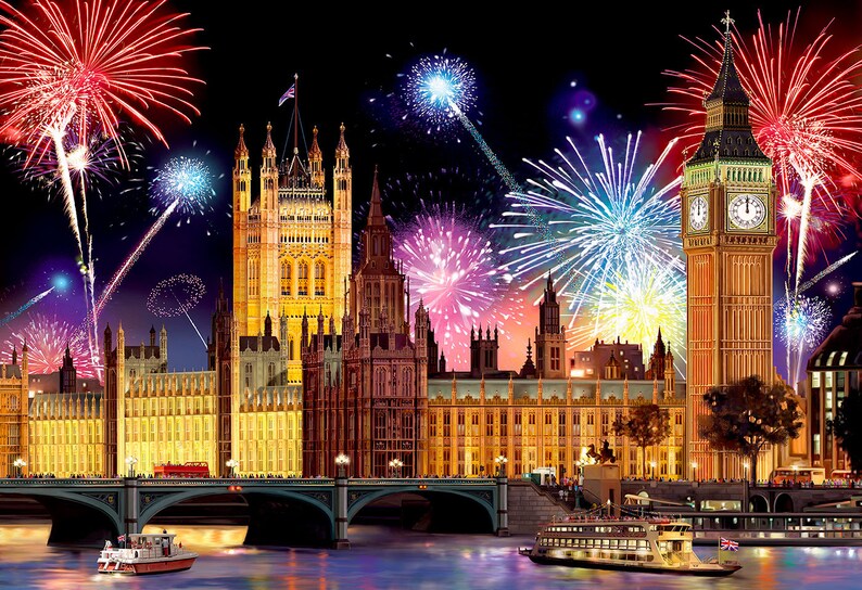 May include: A nighttime view of the Houses of Parliament and Big Ben in London, England, with a colorful fireworks display in the sky.