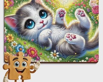 WOODEN.CITY Nice Kitty Wooden Jigsaw Puzzle for Kids, 40 Large Pieces, 5 Unique Shaped Pieces, Cute Cat Puzzle Gift