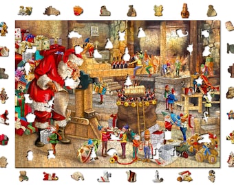 Wooden Jigsaw Puzzle "Santa’s Workshop" 500, 1000 pcs Christmas Adults Kids Retro Unique Pieces Unusual Shapes Wooden.City