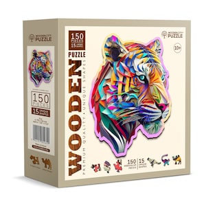 Wooden Puzzle Colorful Tiger 150 Pieces - Unique Unusual Jigsaw Puzzles with Animal Shaped Pieces - Wooden.City