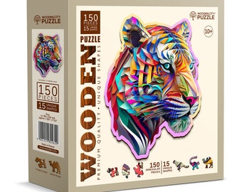 Wooden Puzzle Colorful Tiger 150 Pieces - Unique Unusual Jigsaw Puzzles with Animal Shaped Pieces - Wooden.City