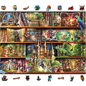 Wooden Jigsaw Puzzle “Stories on Every Shelf” – 1000 Piece Wooden Puzzle - Unique Unusual Jigsaw Puzzles with Shaped Pieces by Wooden.City