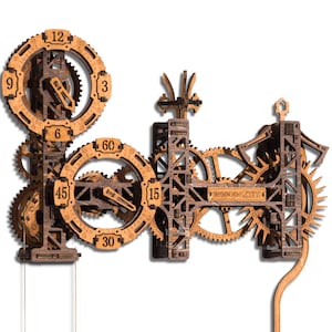 May include: A wooden clock with a gear-driven design. The clock features multiple circular dials with numbers and gears, and the text "WOODEN CITY". The clock is made of light brown wood and has a pendulum.