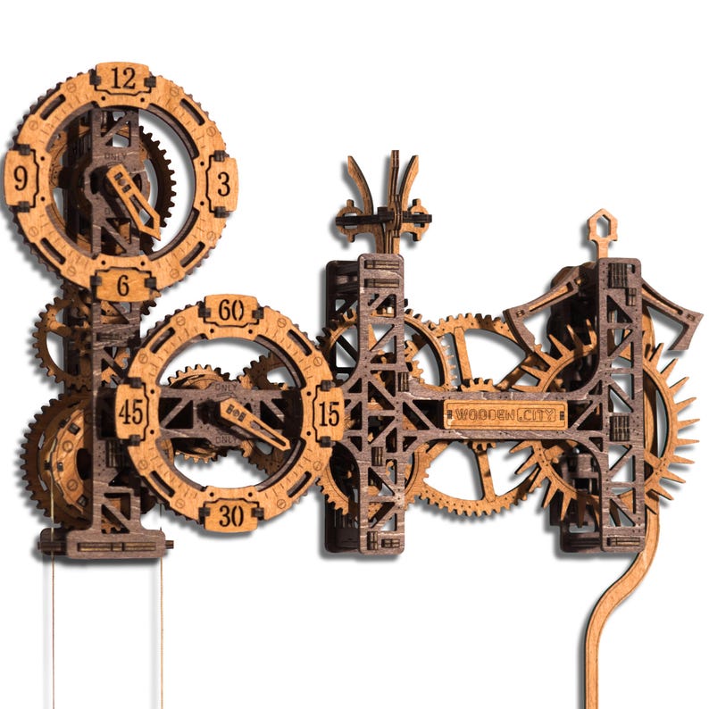May include: A wooden clock with a gear-driven design. The clock features multiple circular dials with numbers and gears, and the text "WOODEN CITY". The clock is made of light brown wood and has a pendulum.