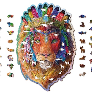 Wooden Jigsaw Puzzle &quot;Mystic Lion&quot; 250, 500 pcs Unique Unusual Animal Shaped Pieces Mosaic Puzzle Kids Adults Wooden City