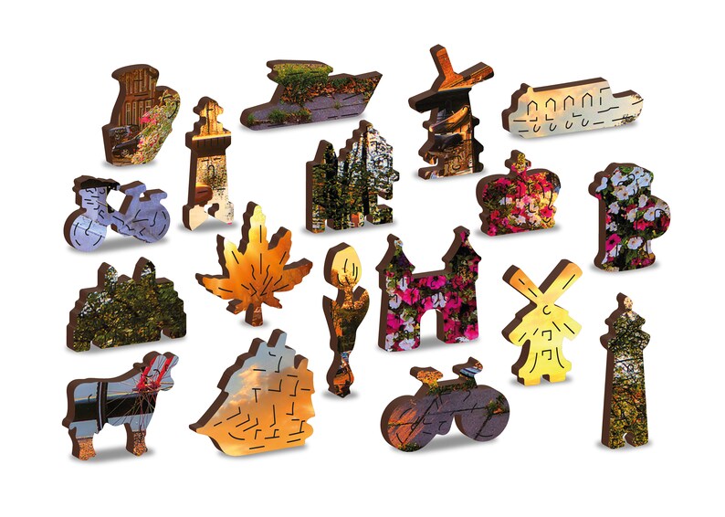 May include: A set of 15 wooden jigsaw puzzle pieces featuring various images of a city, including a lighthouse, a windmill, a bicycle, a boat, and a maple leaf. The pieces are all different shapes and sizes and are made of a dark brown wood.