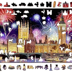May include: A jigsaw puzzle depicting a nighttime view of London, England with fireworks exploding over the Houses of Parliament and Big Ben. The puzzle pieces are arranged around the edge of the image.