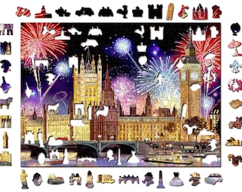 Wooden Jigsaw Puzzle "London By Night" 150, 300, 500 pcs Puzzle Of Scenic Palace Of Westminster Unique Pieces Kids Adults Wooden City