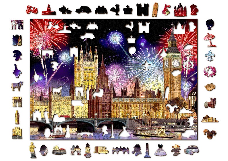 May include: A jigsaw puzzle depicting a nighttime view of London, England with fireworks exploding over the Houses of Parliament and Big Ben. The puzzle pieces are arranged around the edge of the image.