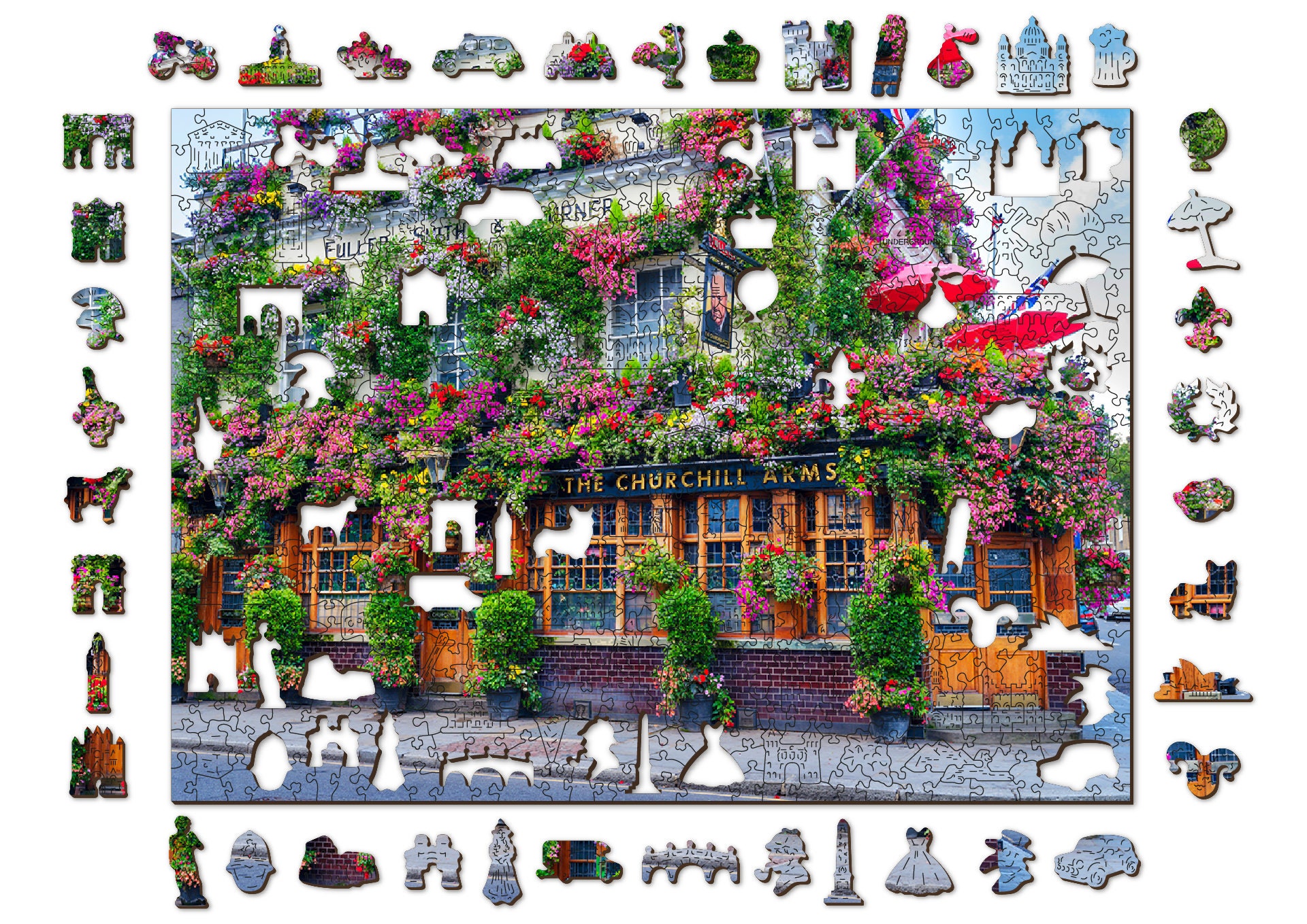Rompecabezas de madera "London Pub" (500 piezas), diseño único para niños y adultos, con paisaje floral y piezas inusuales, ciudad de madera.