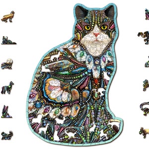 May include: A wooden jigsaw puzzle featuring a colorful cat with intricate details. The cat is adorned with beads, jewels, and other decorative elements. The puzzle is made up of many small pieces and is a challenging but rewarding project.