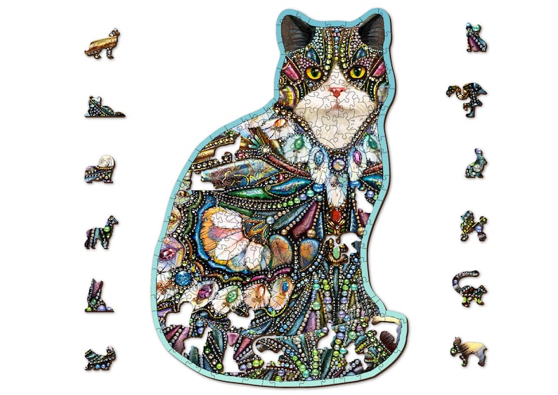 May include: A wooden jigsaw puzzle featuring a colorful cat with intricate details. The cat is adorned with beads, jewels, and other decorative elements. The puzzle is made up of many small pieces and is a challenging but rewarding project.