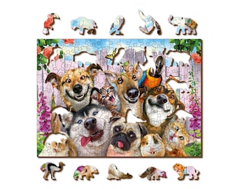 Wooden.City "Crazy Pets" 200 pcs Animal Wooden Jigsaw Puzzles Adults Kids Colorful Bunny Cat Dog Unique Unusual Animal Pieces
