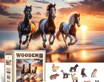 Wooden Puzzle "Wild Horses on the Beach" 1000 Pieces - Unique Unusual Jigsaw Puzzles with Shaped Pieces by Wooden.City