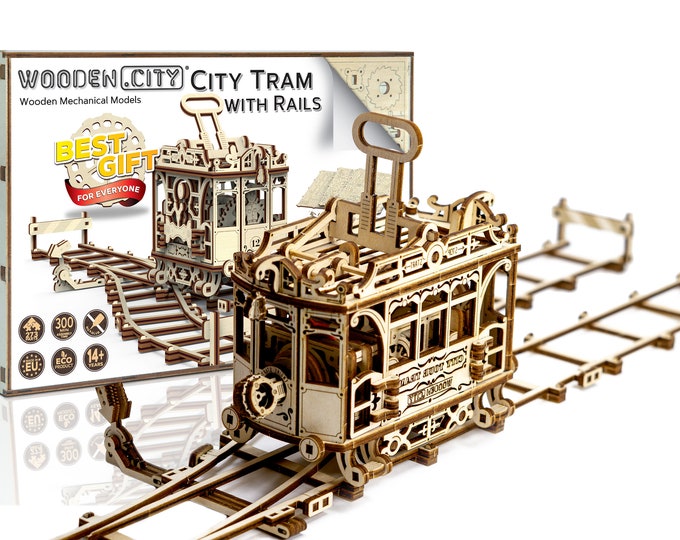 Puzzle 3D "City Tram with Rails" DIY Wooden Model Kits For Adults To Build Railway - Wooden Puzzles Brain Teaser - Toys Men Teens