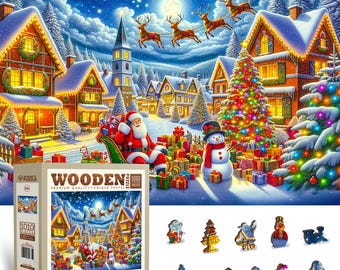 Puzzle di Natale in legno da 1000 pezzi - Il gioioso viaggio di Babbo Natale - Puzzle delle vacanze di Natale per adulti Pezzi unici di Wooden.City