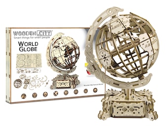 Rompecabezas mecánicos de madera con forma de globo terráqueo para adultos y niños de WOODEN.CITY / Rompecabezas de madera 3D / Juego de modelos / Regalo de cumpleaños