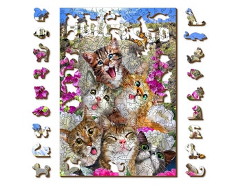 Rompecabezas de madera "Gatitos en Hollywood" (200 piezas) para niños y niñas. Gato colorido, piezas únicas e inusuales de animales. Ciudad de madera.